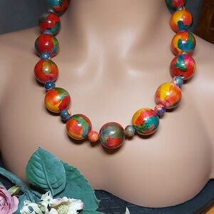 Chunky Boho Wood Necklace  Handmade Painted Beads Colourful 22” Made in INDIA